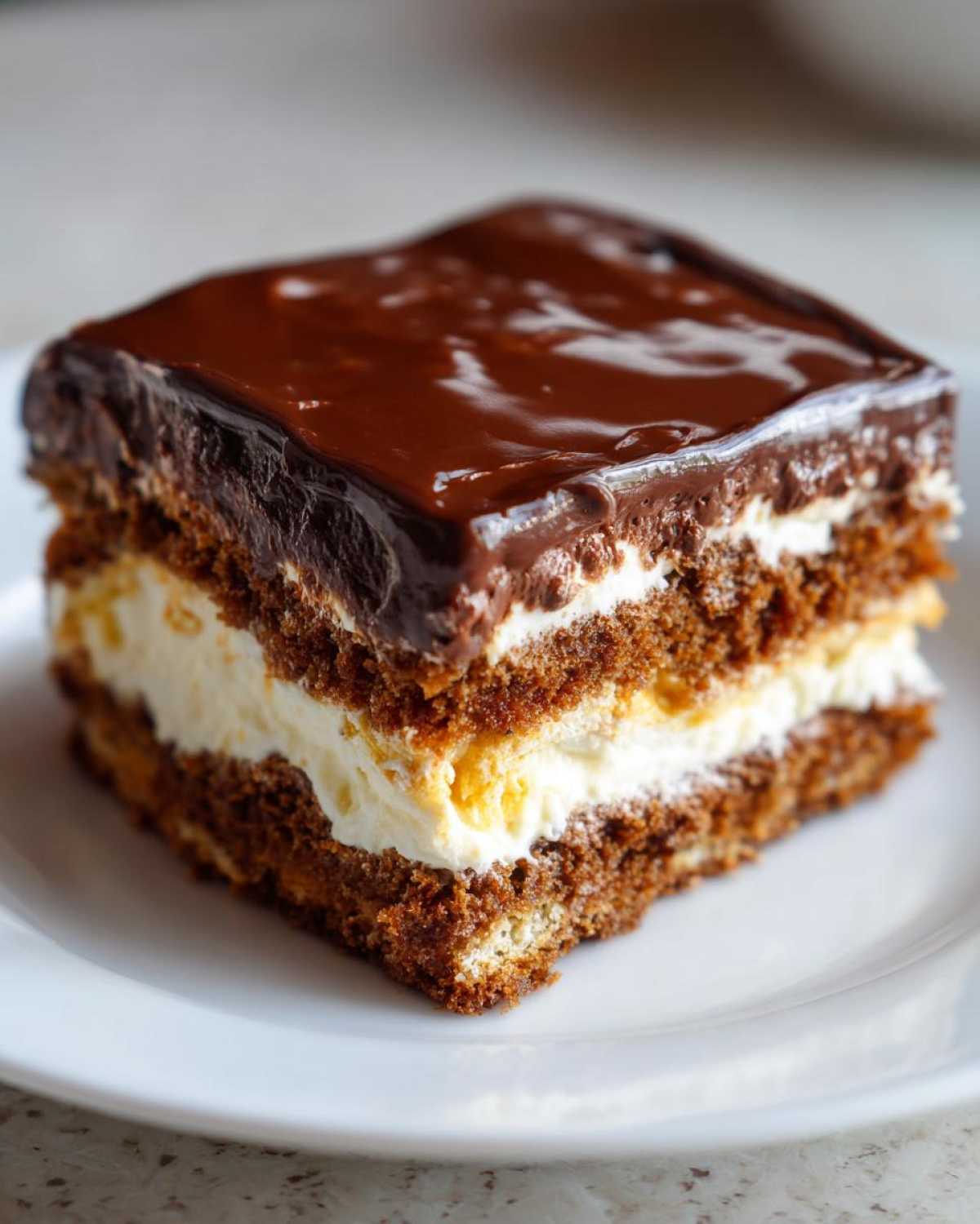 A square slice of chocolate eclair cake showing layers of cake, cream filling, and glossy chocolate frosting.