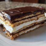 A layered slice of chocolate eclair cake featuring graham crackers, white cream filling, and thick chocolate frosting.