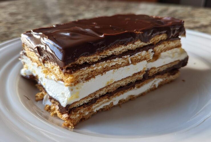 A layered slice of chocolate eclair cake featuring graham crackers, white cream filling, and thick chocolate frosting.