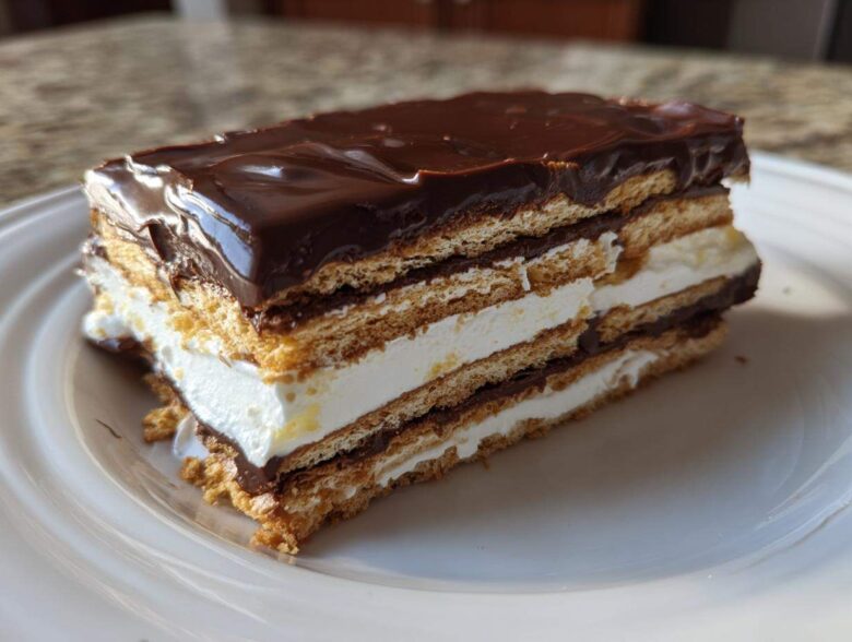 A layered slice of chocolate eclair cake featuring graham crackers, white cream filling, and thick chocolate frosting.