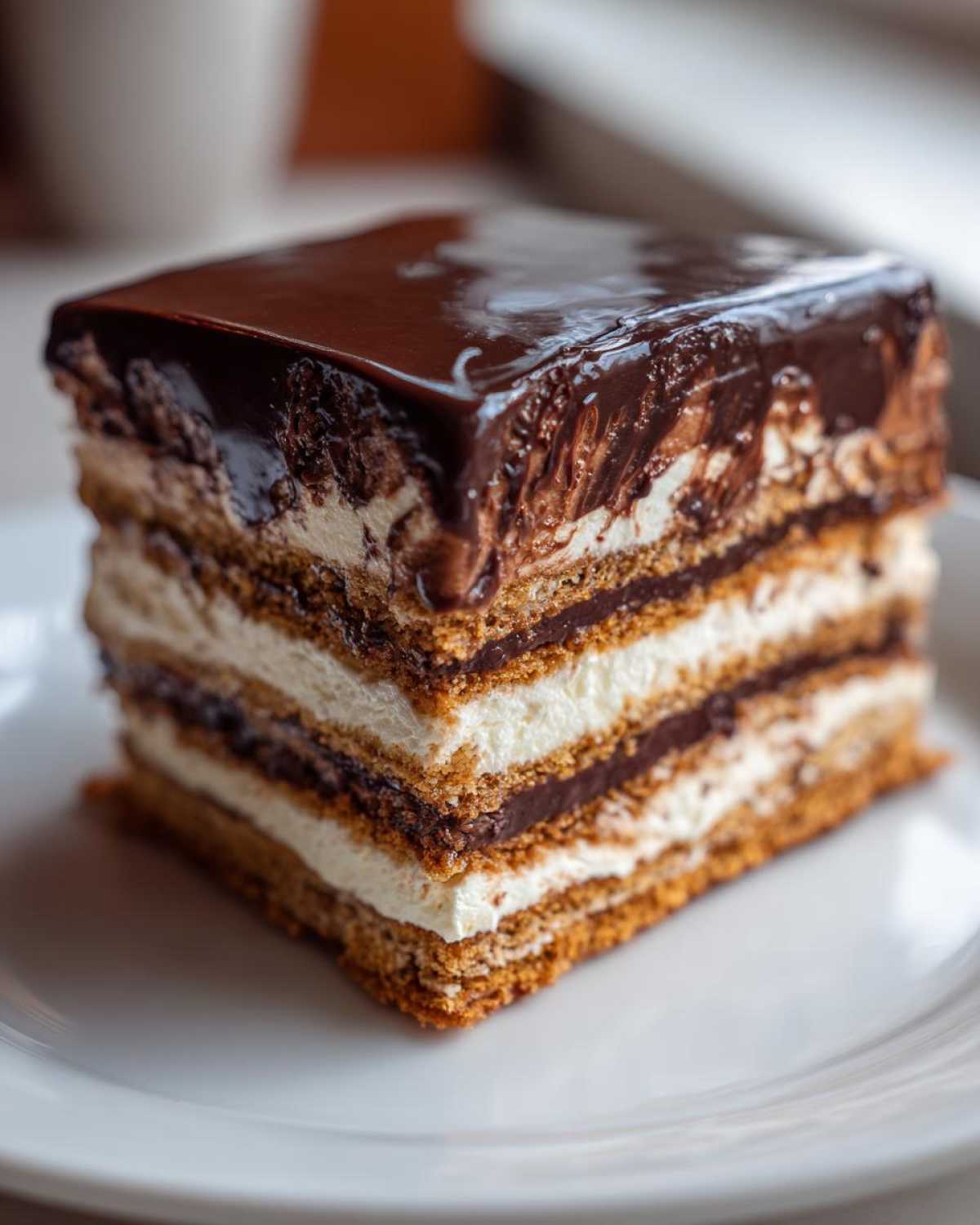 Close-up of a decadent slice of chocolate eclair cake showing multiple layers of graham cracker, cream, and chocolate ganache.