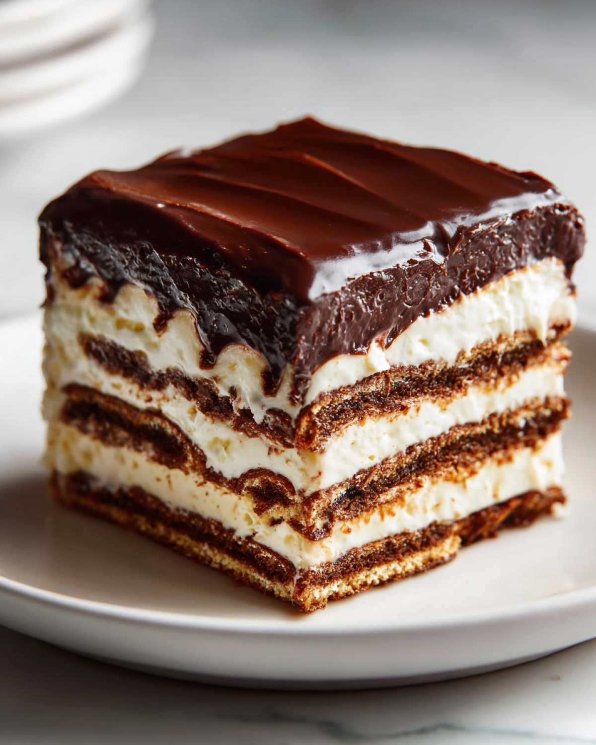 A square slice of chocolate eclair cake showing layers of graham crackers, vanilla cream, and topped with glossy chocolate ganache.