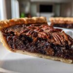 Close-up of a rich slice of chocolate pecan pie with a flaky crust and whole pecans on top.