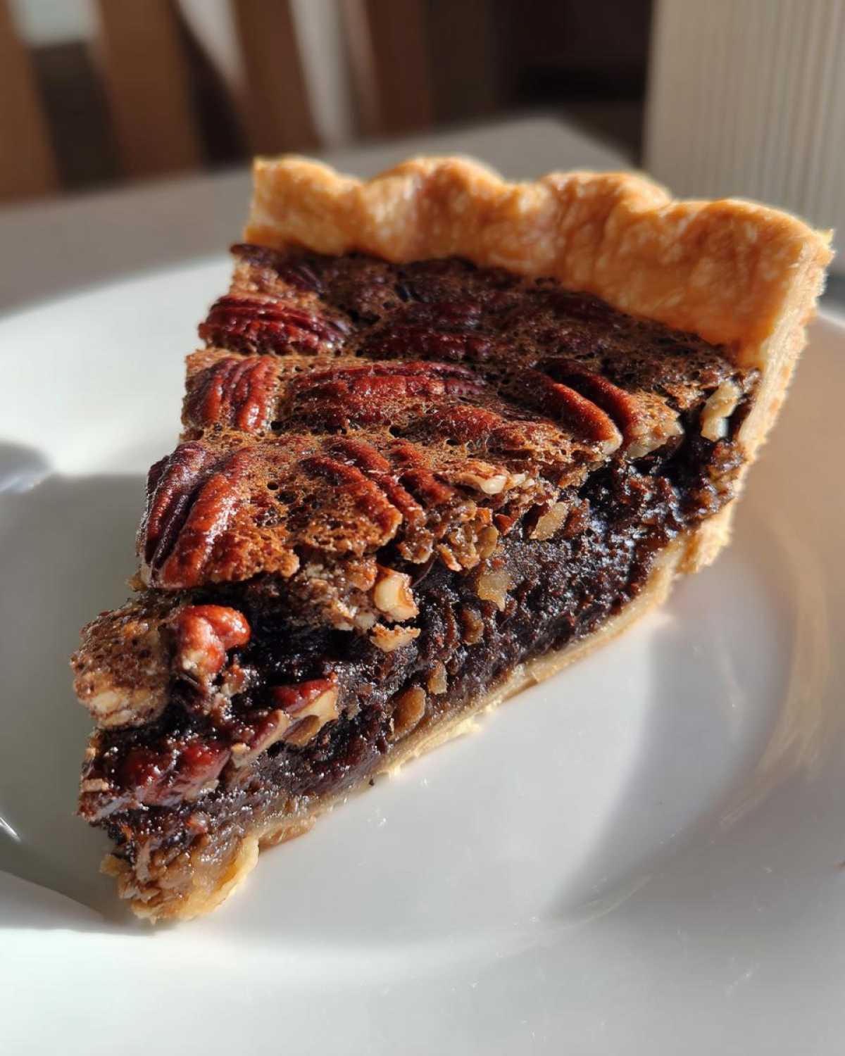 Close-up of a rich slice of chocolate pecan pie showing the flaky crust and gooey filling topped with pecans.