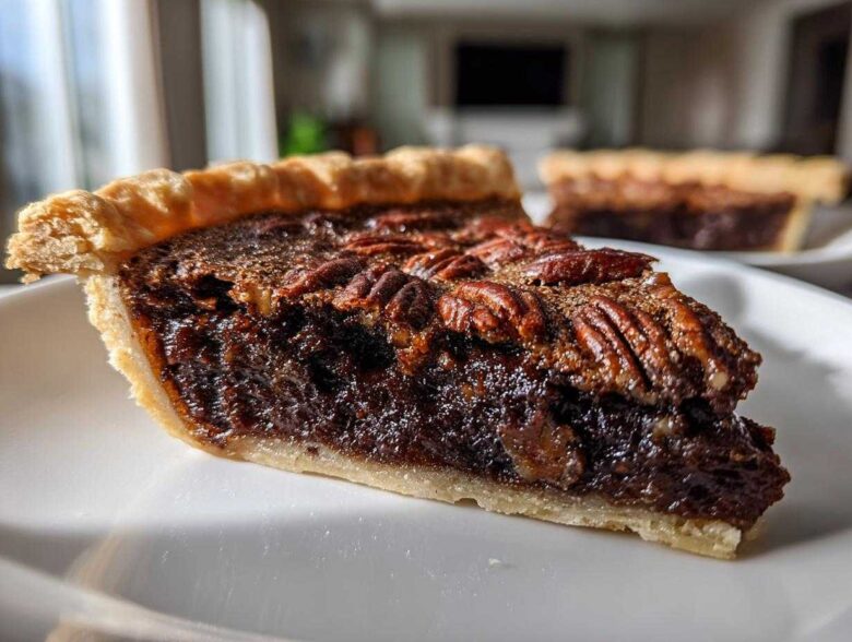 Close-up of a rich slice of chocolate pecan pie with a flaky crust and whole pecans on top.