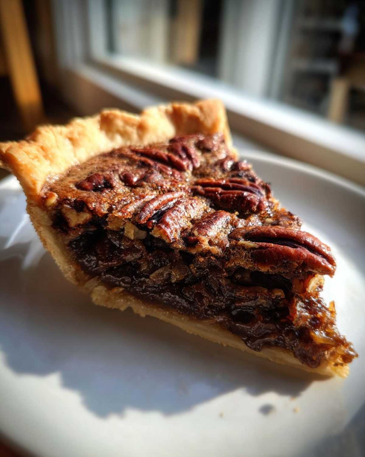 A close-up slice of rich chocolate pecan pie with a flaky crust, sitting on a white plate near a window.