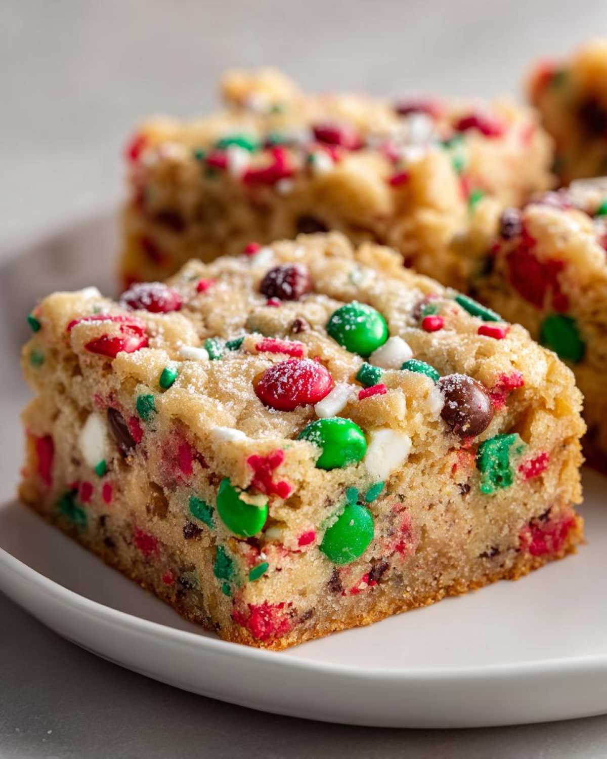 A thick, chewy slice of christmas cookie bars loaded with red and green candies and white chocolate chips.