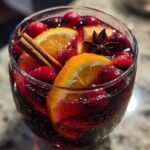 Close-up of a glass filled with vibrant red christmas sangria, garnished with orange slices, cranberries, cinnamon sticks, and star anise.