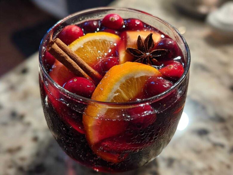 Close-up of a glass filled with vibrant red christmas sangria, garnished with orange slices, cranberries, cinnamon sticks, and star anise.
