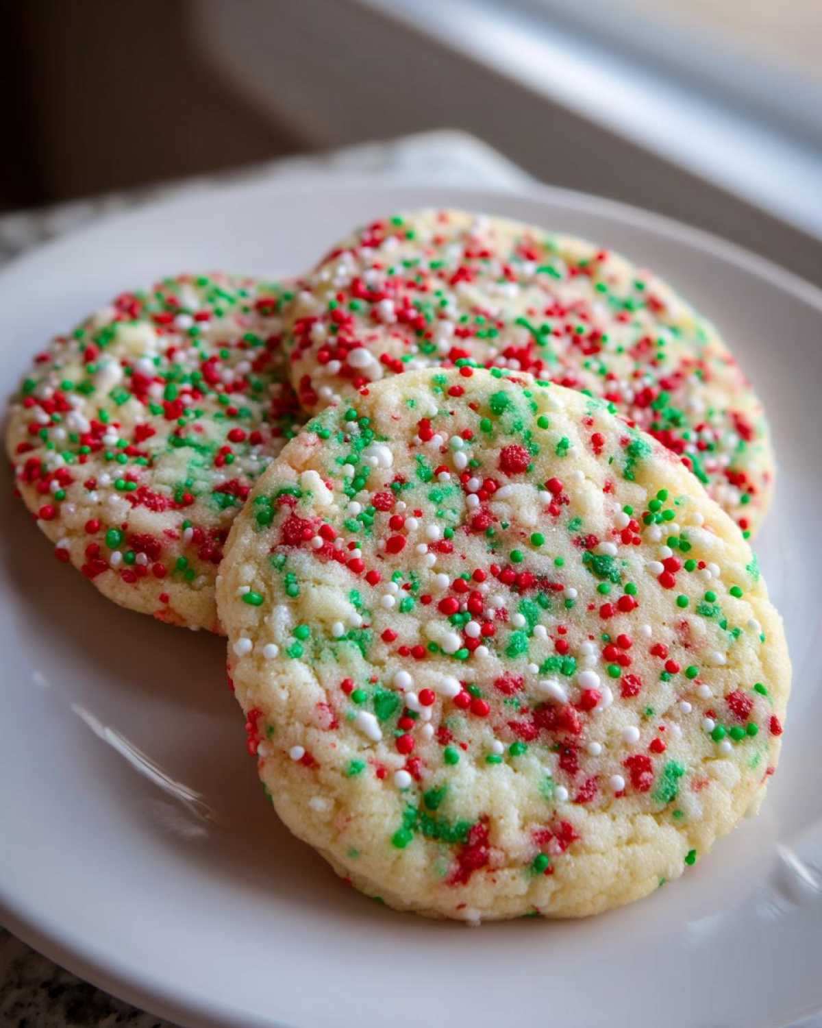 Three soft, round christmas sprinkle sugar cookies topped generously with red, green, and white nonpareils, resting on a white plate.