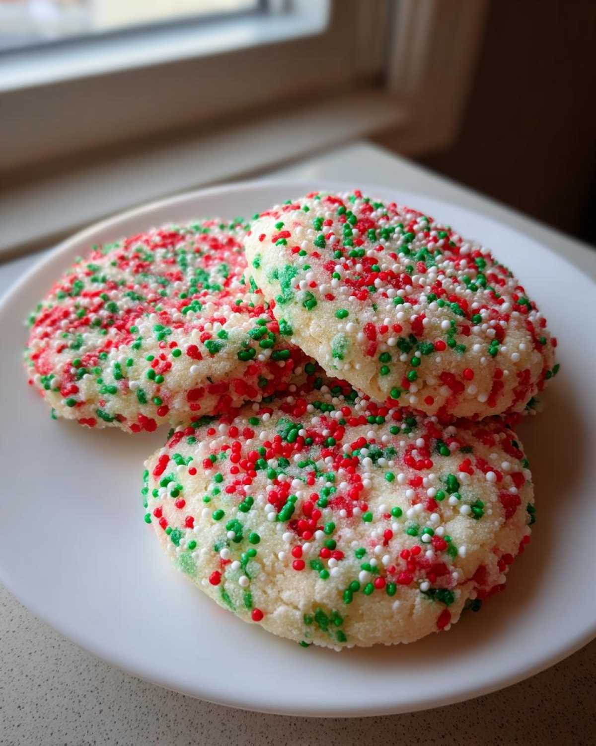 Three soft, round christmas sprinkle sugar cookies covered in red, green, and white nonpareils on a white plate.