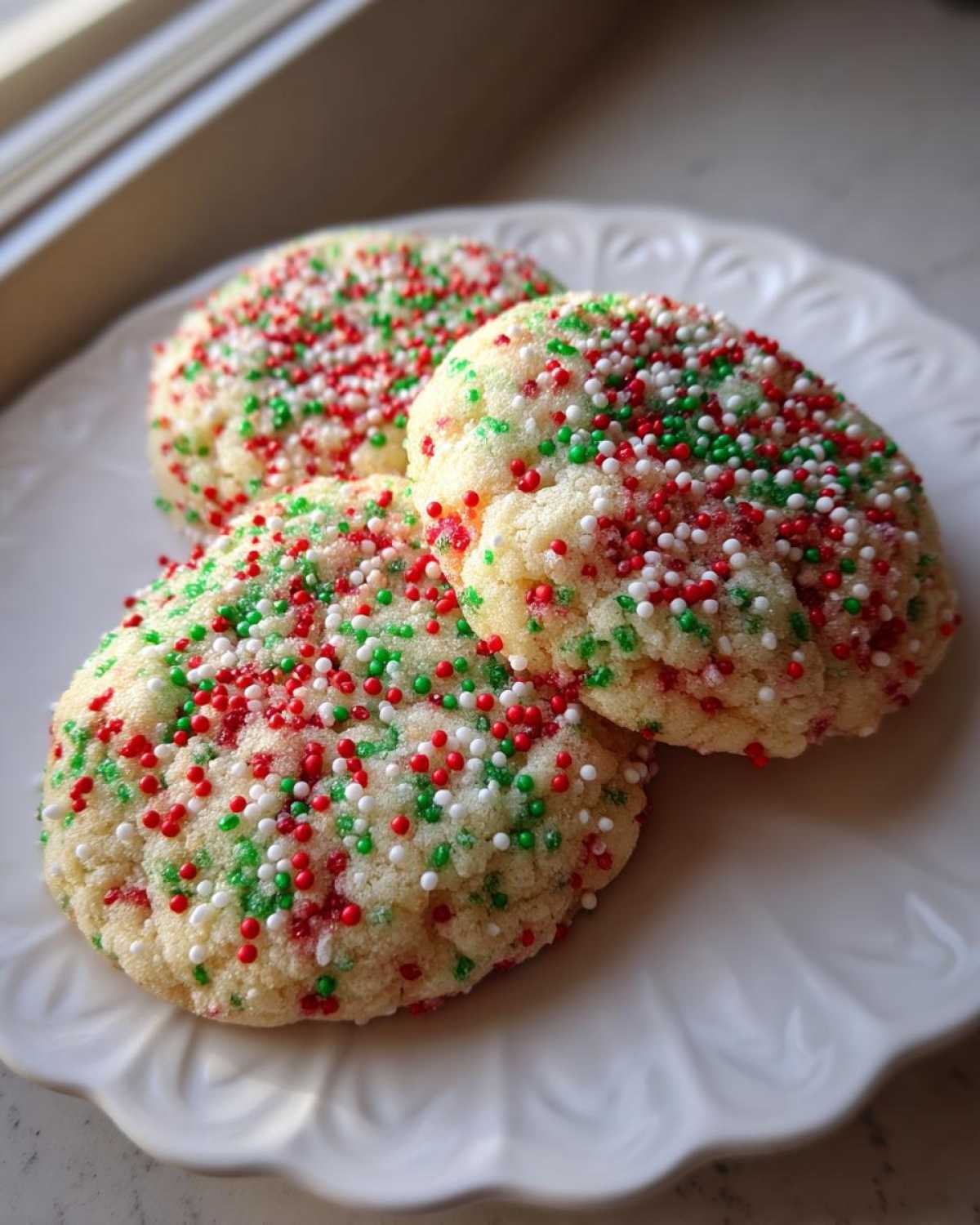 Three soft christmas sprinkle sugar cookies generously topped with red, green, and white nonpareils, resting on a white plate.