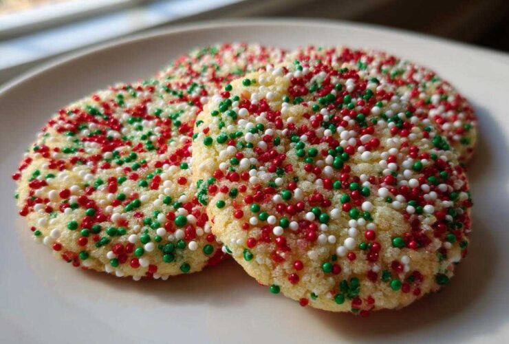 Three round christmas sprinkle sugar cookies covered in red, green, and white nonpareils on a white plate.