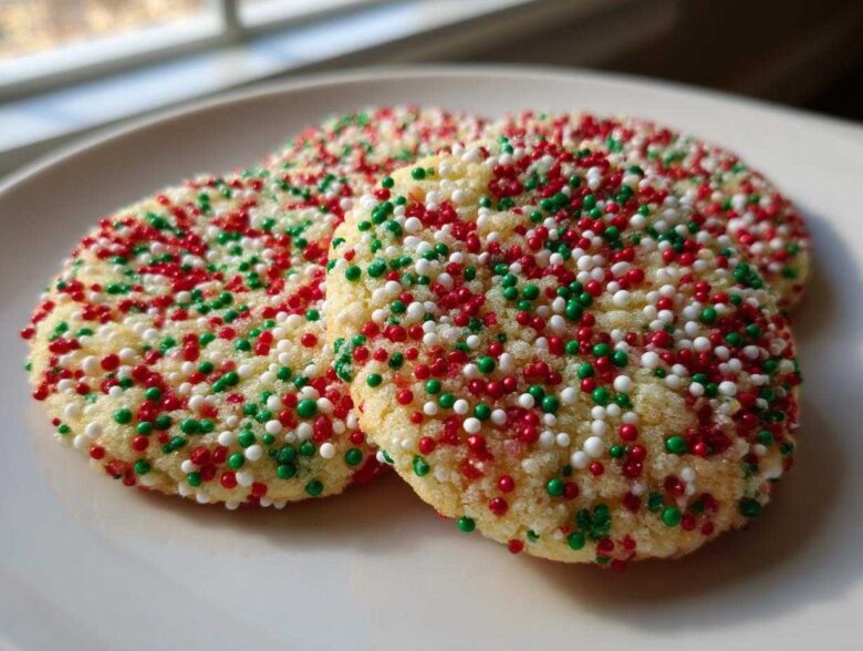 Three round christmas sprinkle sugar cookies covered in red, green, and white nonpareils on a white plate.