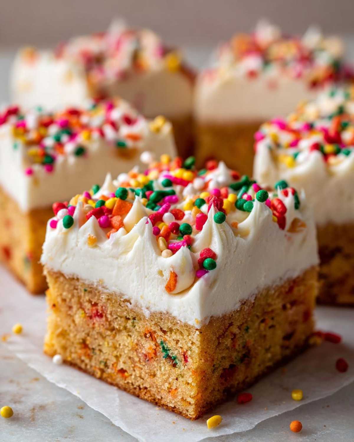 Close-up of a square christmas sugar cookie bars slice topped with thick white frosting and colorful sprinkles.