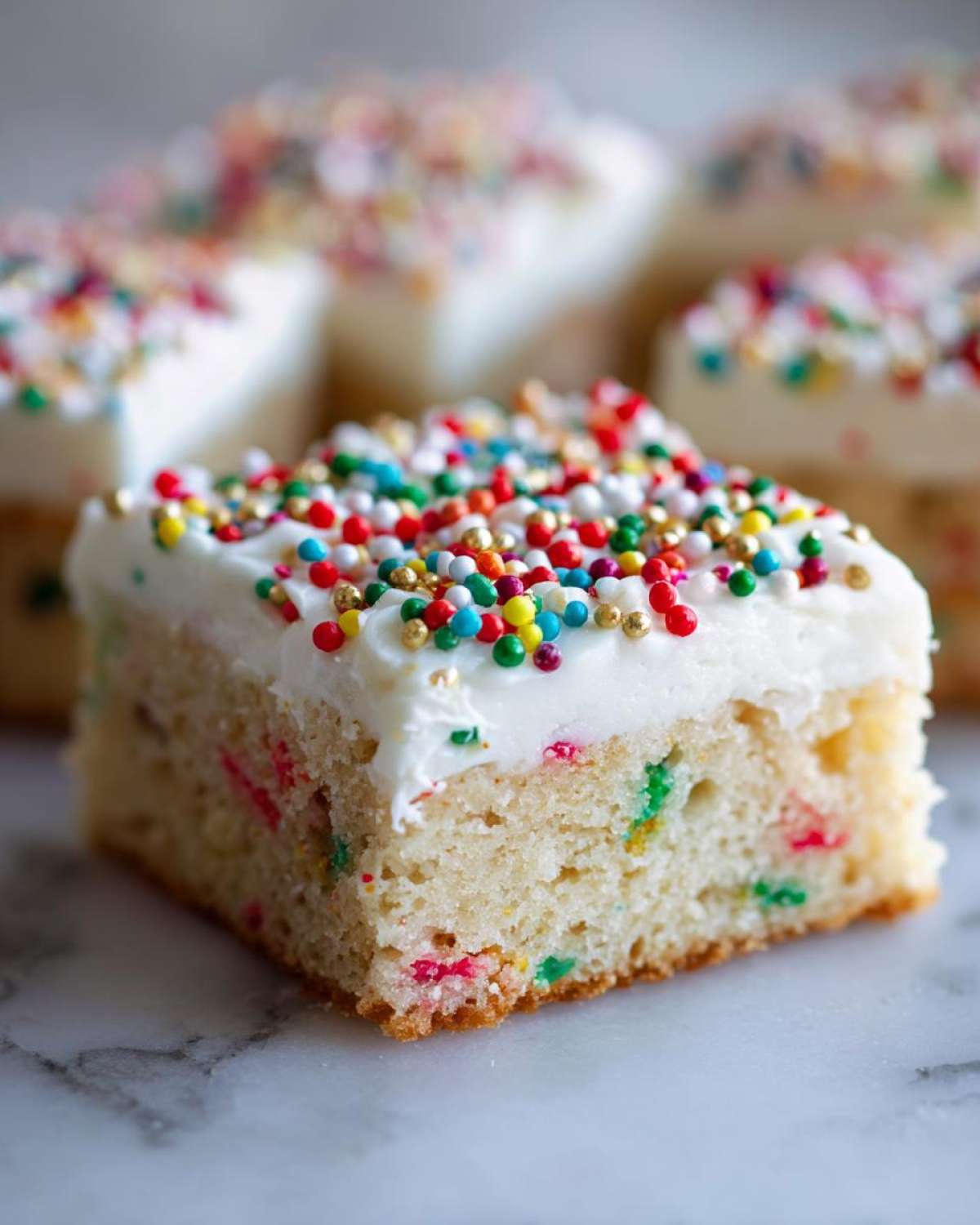 A close-up slice of moist christmas sugar cookie bars topped with thick white frosting and colorful sprinkles.