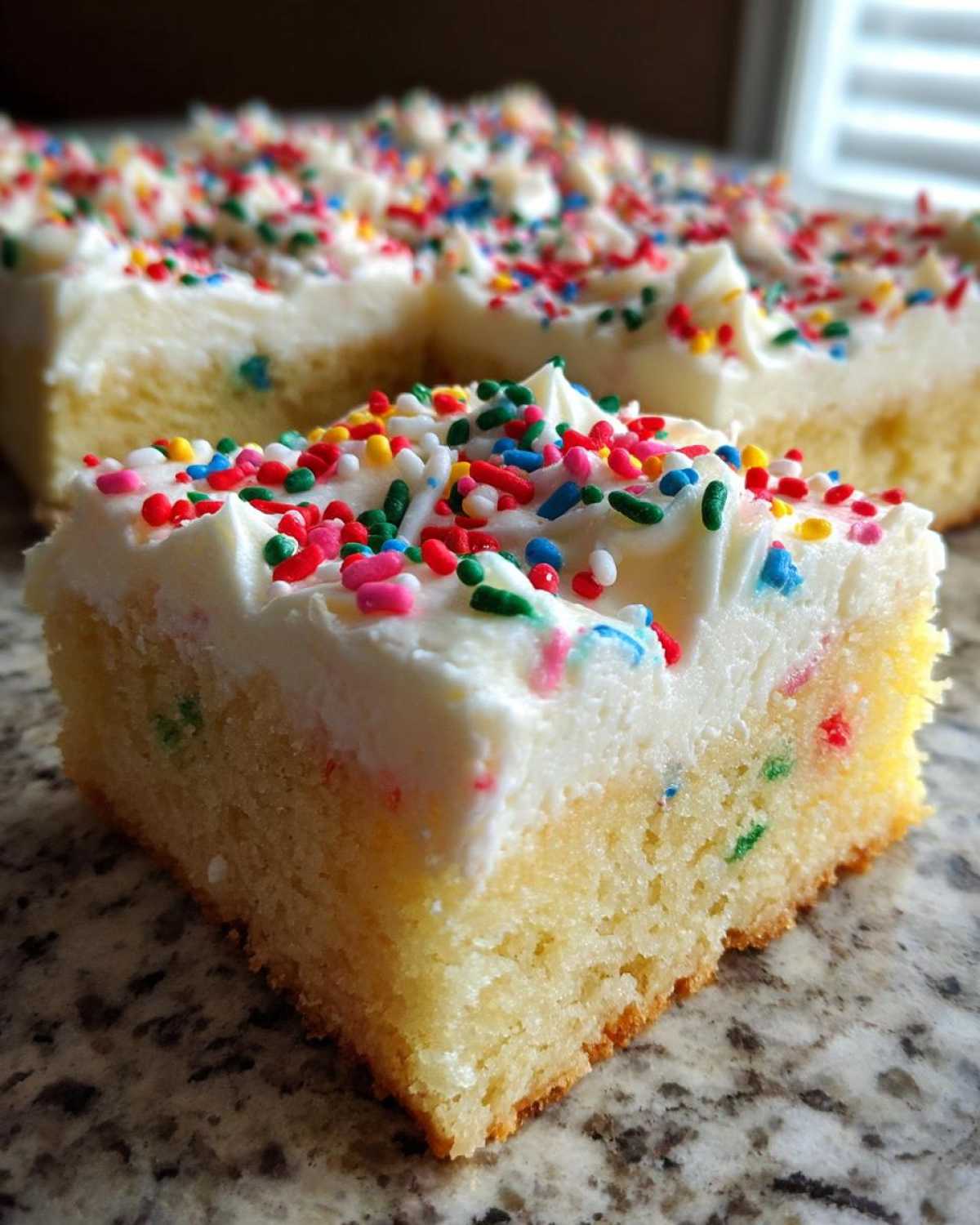 Close-up of a square slice of Christmas sugar cookie bars with thick white frosting and colorful sprinkles.