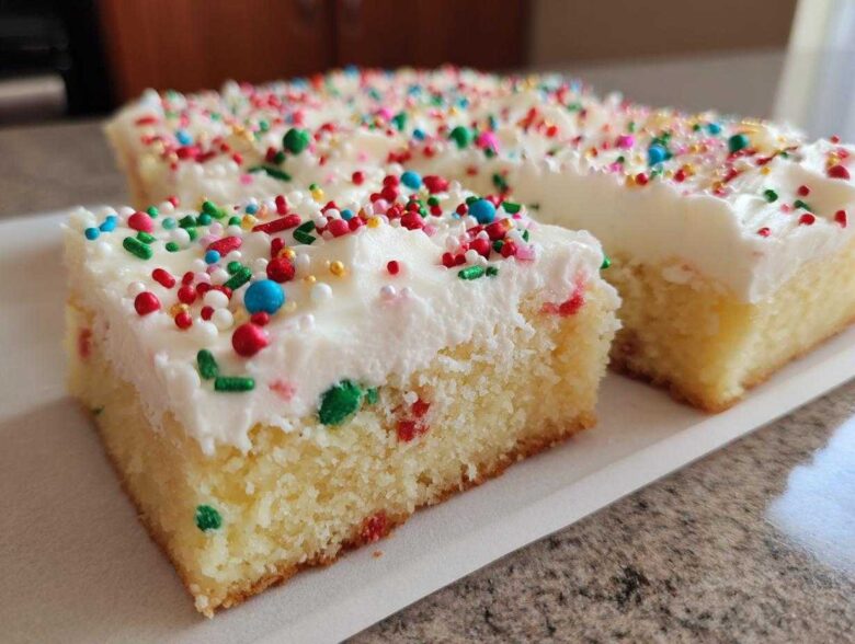 Two slices of soft christmas sugar cookie bars topped with thick white frosting and colorful holiday sprinkles.