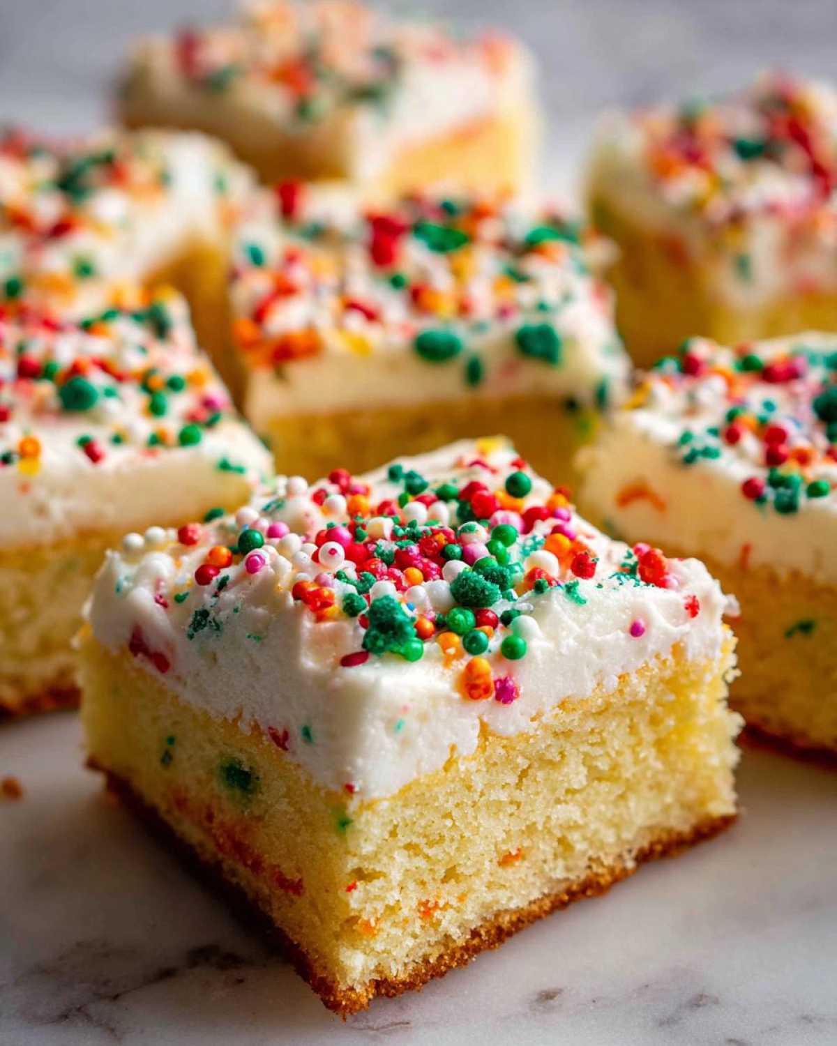 A close-up of a square slice of soft christmas sugar cookie bars topped with thick white frosting and colorful holiday sprinkles.