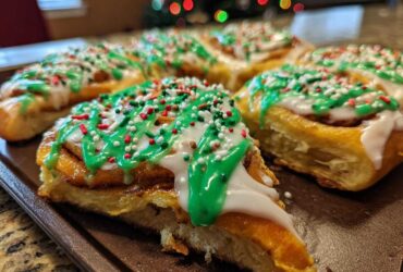 Close-up of freshly baked christmas tree cinnamon rolls topped with white and green icing and festive sprinkles.