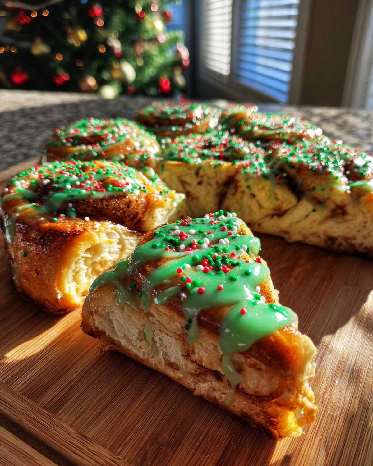 A slice of soft christmas tree cinnamon rolls topped with bright green icing and red, white, and green sprinkles.