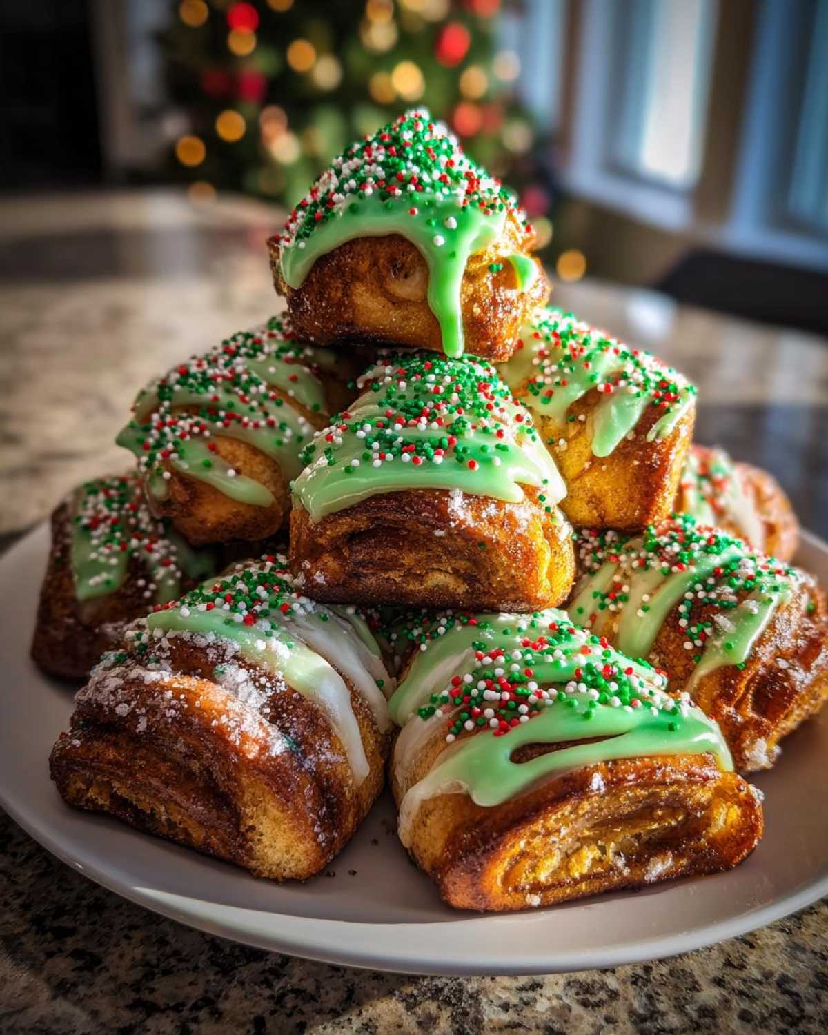 A stack of freshly baked christmas tree cinnamon rolls topped with bright green icing and festive red, white, and green sprinkles.