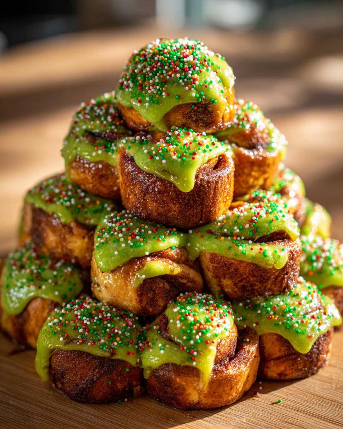 A stack of freshly baked christmas tree cinnamon rolls topped with bright green icing and festive sprinkles.