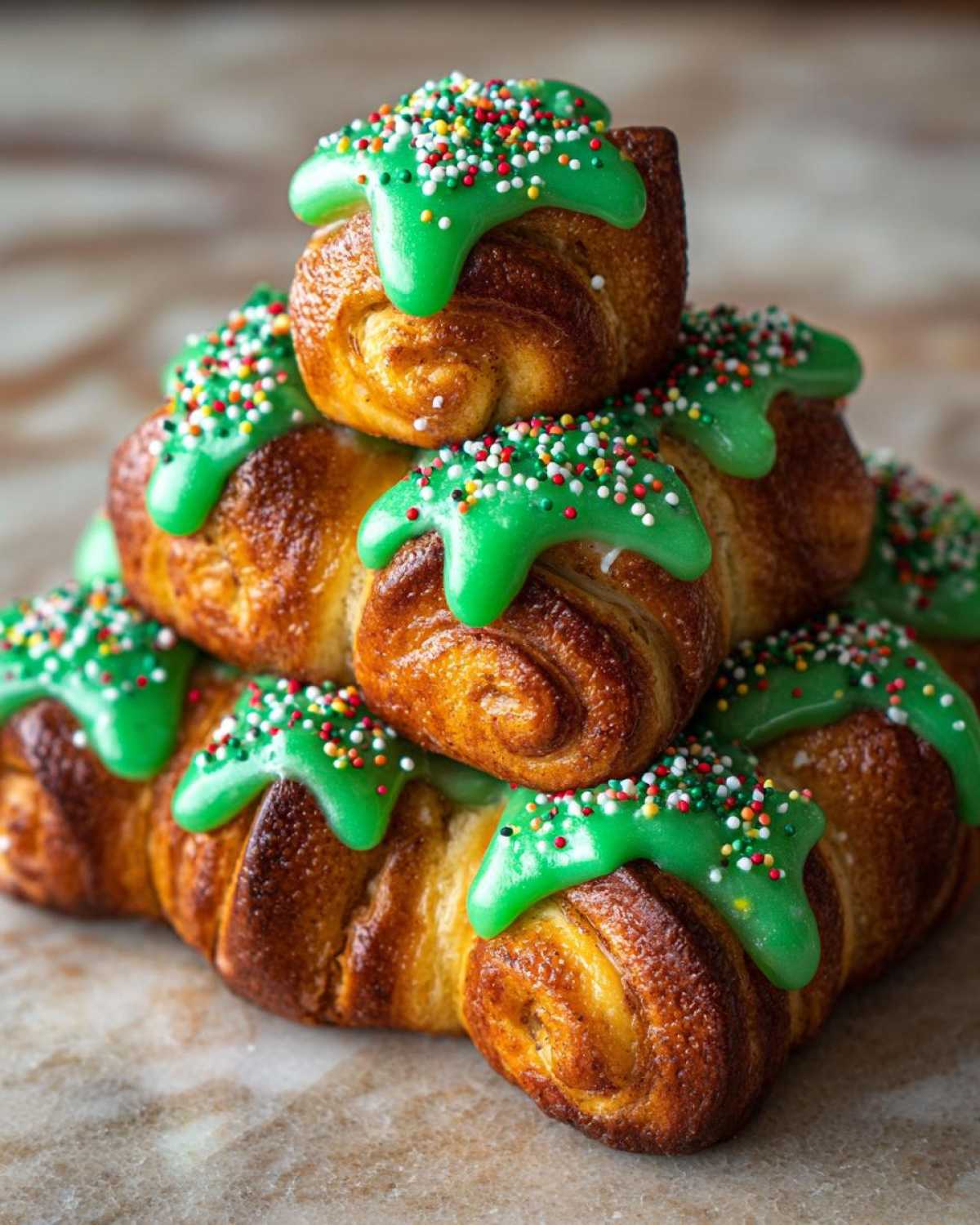 A stack of freshly baked christmas tree cinnamon rolls topped with bright green icing and festive sprinkles.