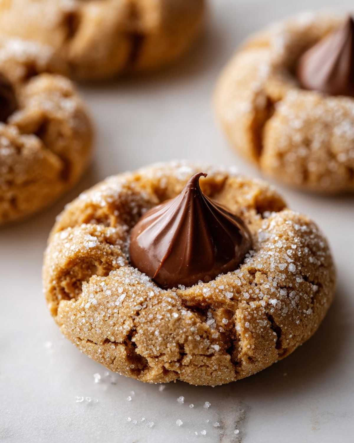 A close-up of a perfectly baked kiss cookie rolled in sugar, featuring a dollop of melted chocolate in the center.