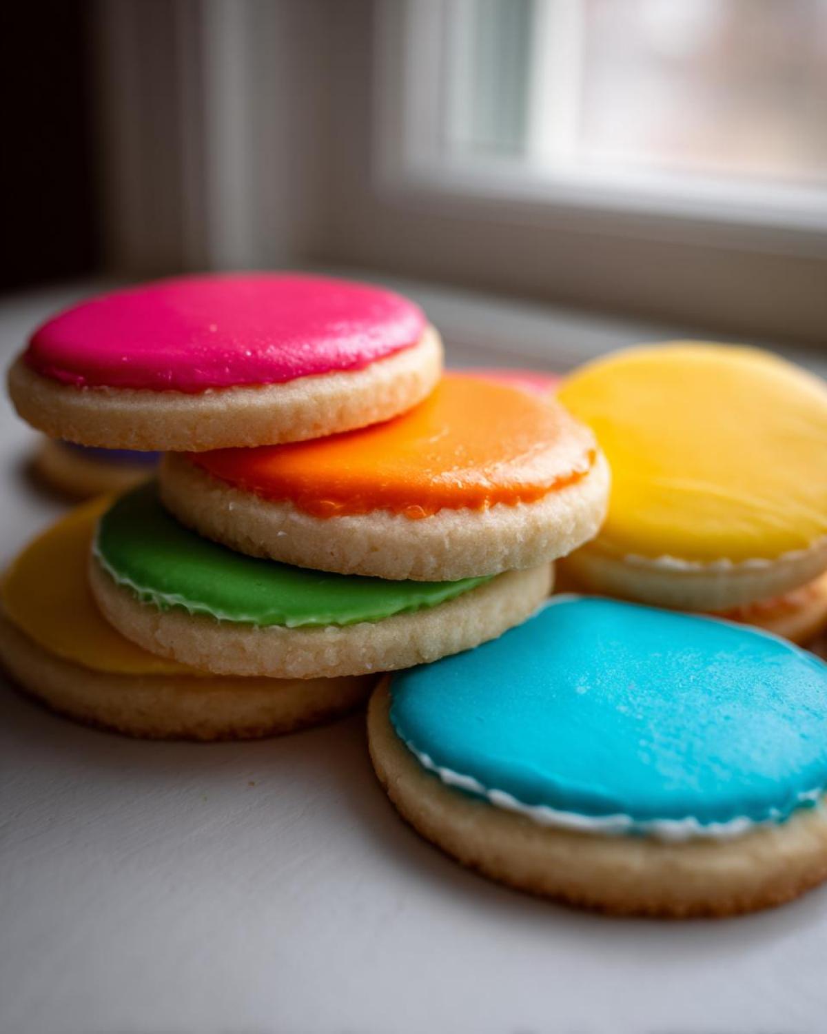 A stack of round sugar cookies topped with brightly colored, smooth sugar cookie icing that hardens.