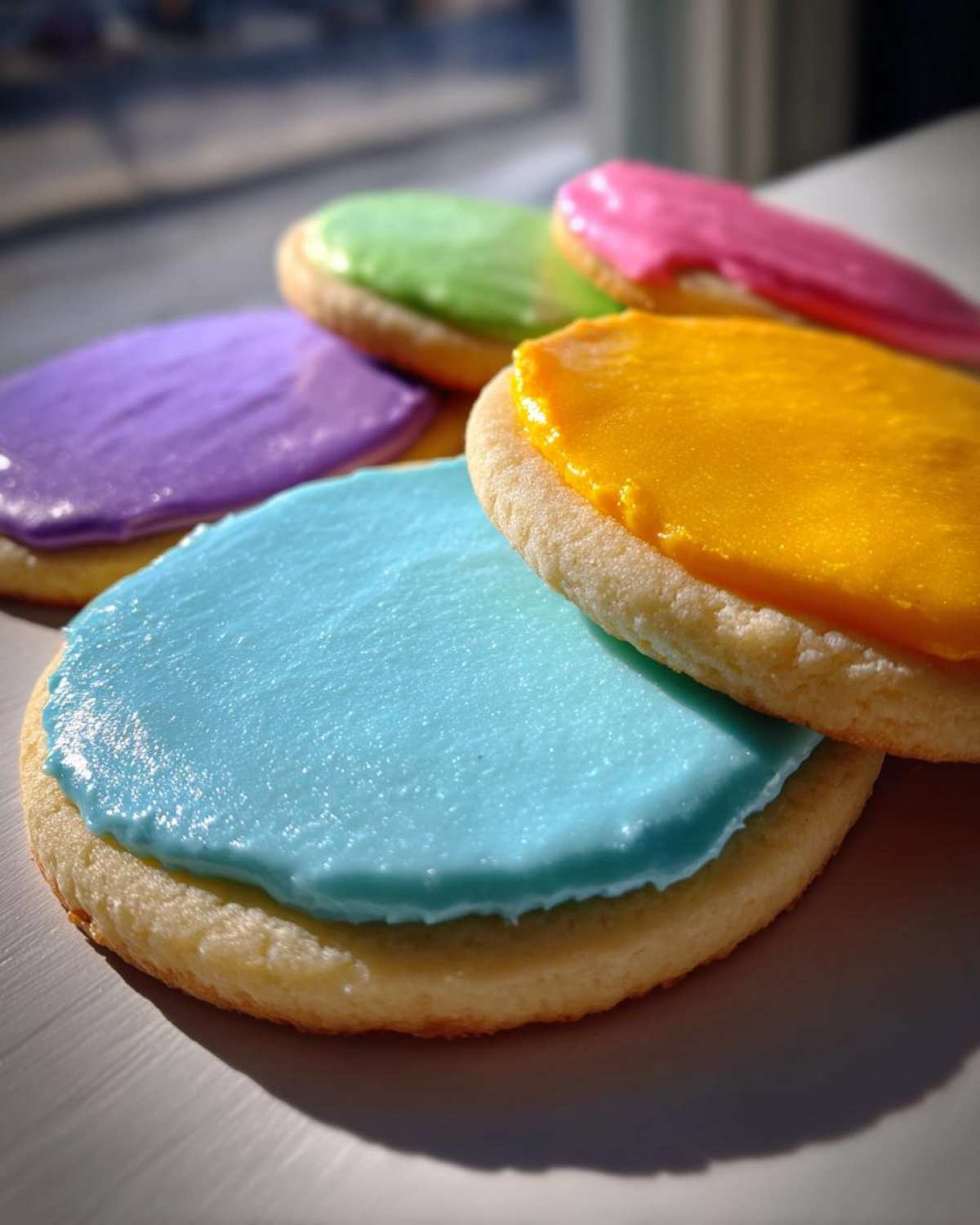 Close-up of round sugar cookies topped with bright, colorful sugar cookie icing that hardens in blue, yellow, purple, green, and pink.