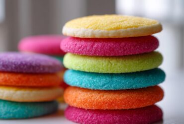 Stack of colorful sugar cookies topped with sugar crystals, demonstrating sugar cookie icing that hardens.
