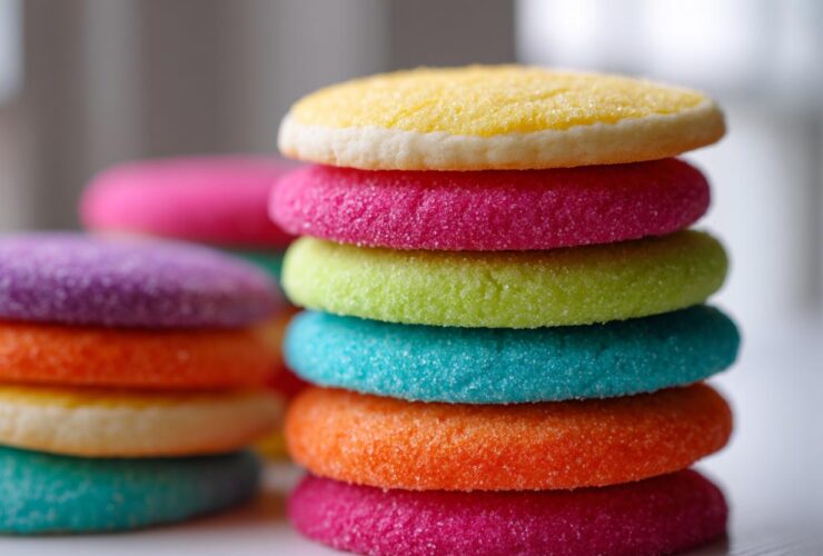 Stack of colorful sugar cookies topped with sugar crystals, demonstrating sugar cookie icing that hardens.