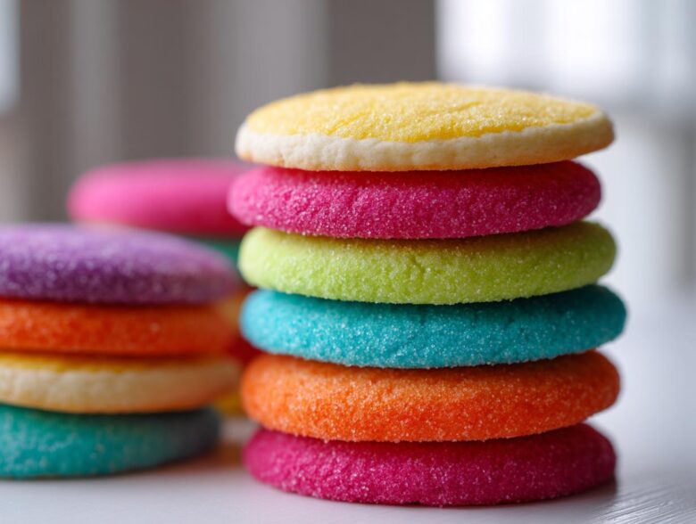 Stack of colorful sugar cookies topped with sugar crystals, demonstrating sugar cookie icing that hardens.