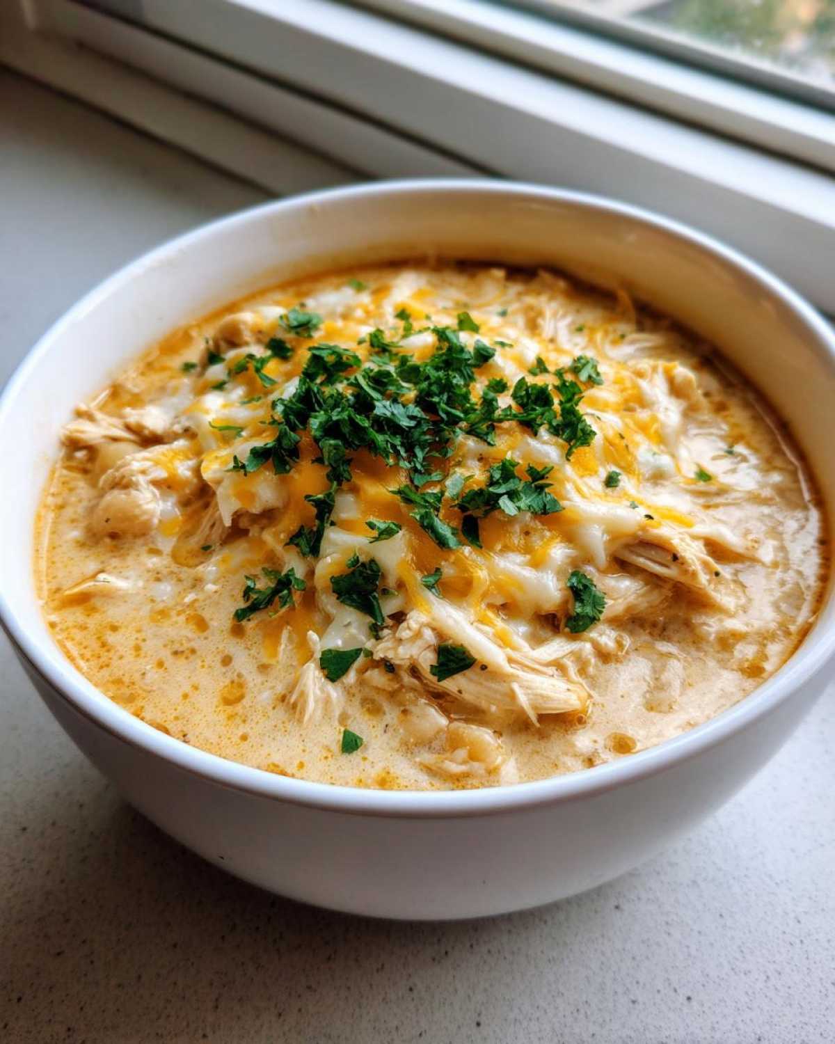 Close-up of a bowl of creamy chicken chili topped with melted cheddar cheese and fresh chopped parsley.