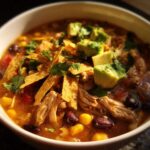 Close-up of a bowl of creamy chicken tortilla soup topped with avocado, tortilla strips, and cilantro.