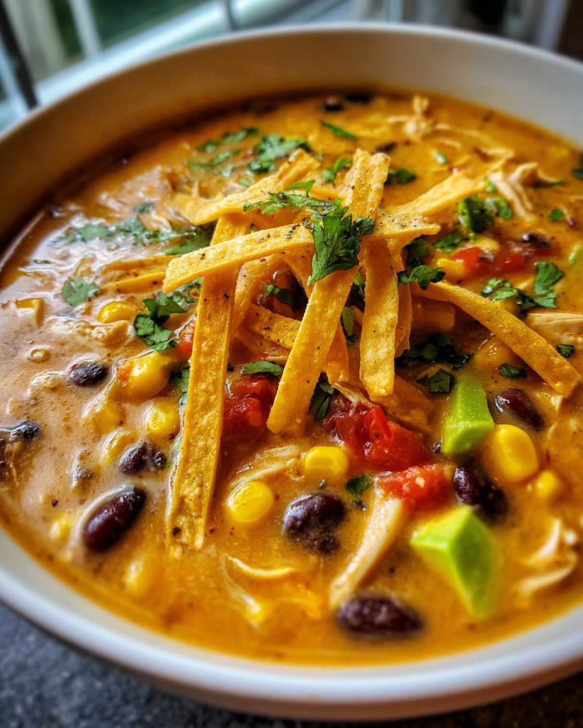 Close-up of a bowl of creamy chicken tortilla soup topped with tortilla strips, avocado, and cilantro.