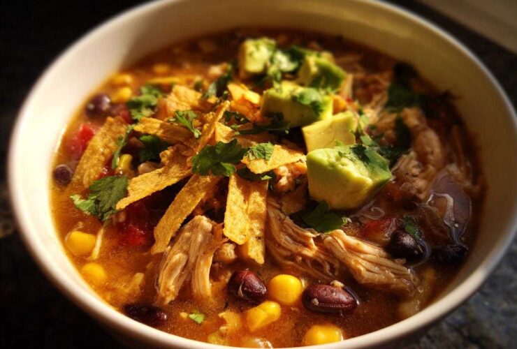 Close-up of a bowl of creamy chicken tortilla soup topped with avocado, tortilla strips, and cilantro.