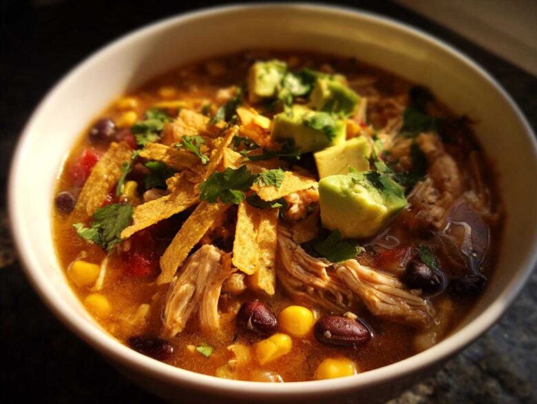 Close-up of a bowl of creamy chicken tortilla soup topped with avocado, tortilla strips, and cilantro.