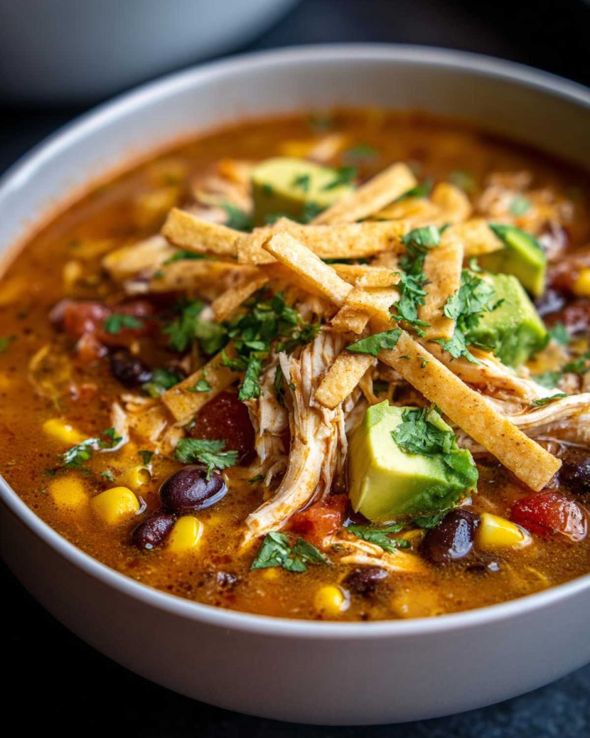 A close-up view of a bowl of creamy chicken tortilla soup topped with shredded chicken, avocado, crispy tortilla strips, and cilantro.