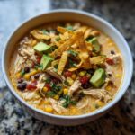 Close-up of creamy chicken tortilla soup topped with shredded chicken, corn, black beans, avocado, and tortilla strips.
