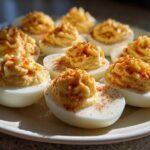 A close-up of a plate filled with perfectly piped deviled eggs, garnished generously with paprika.