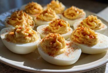 A close-up of a plate filled with perfectly piped deviled eggs, garnished generously with paprika.