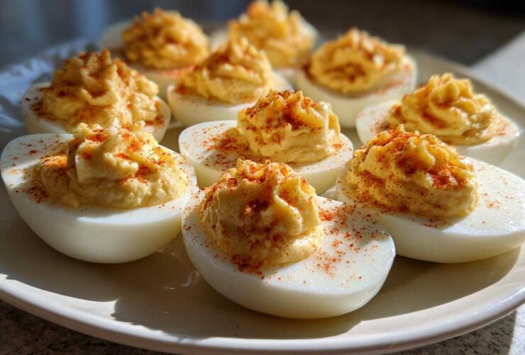 A close-up of a plate filled with perfectly piped deviled eggs, garnished generously with paprika.
