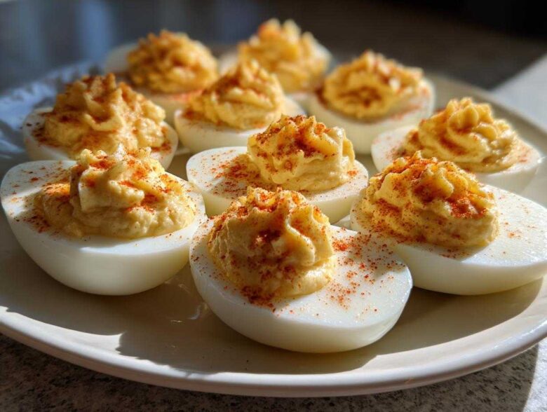 A close-up of a plate filled with perfectly piped deviled eggs, garnished generously with paprika.