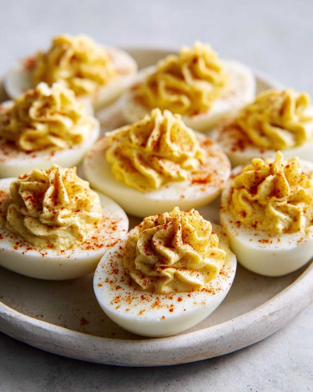 A close-up of several creamy deviled eggs piped high with filling and sprinkled with paprika.