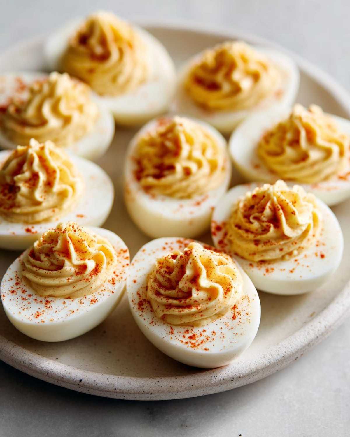 Close-up of creamy deviled eggs piped high with filling and sprinkled with paprika on a light plate.