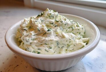 A close-up of thick, creamy dill dip generously mixed with fresh green dill, served in a white bowl.