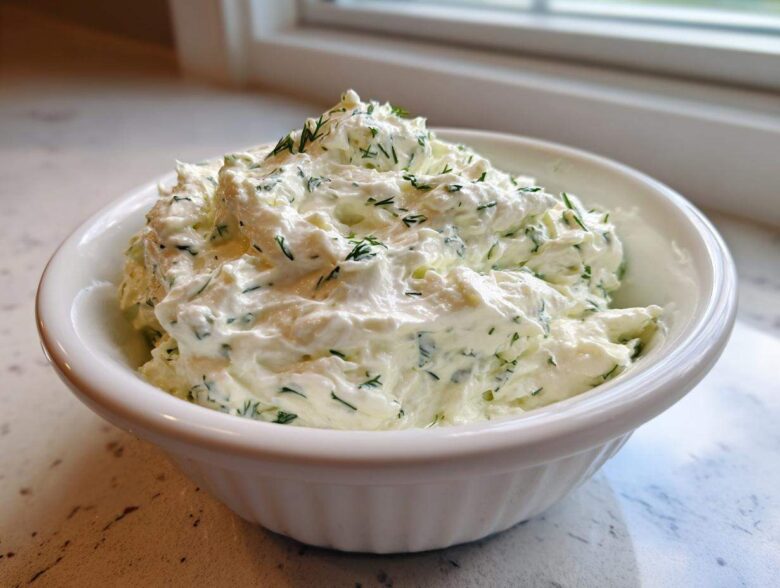 A close-up of thick, creamy dill dip generously mixed with fresh green dill, served in a white bowl.