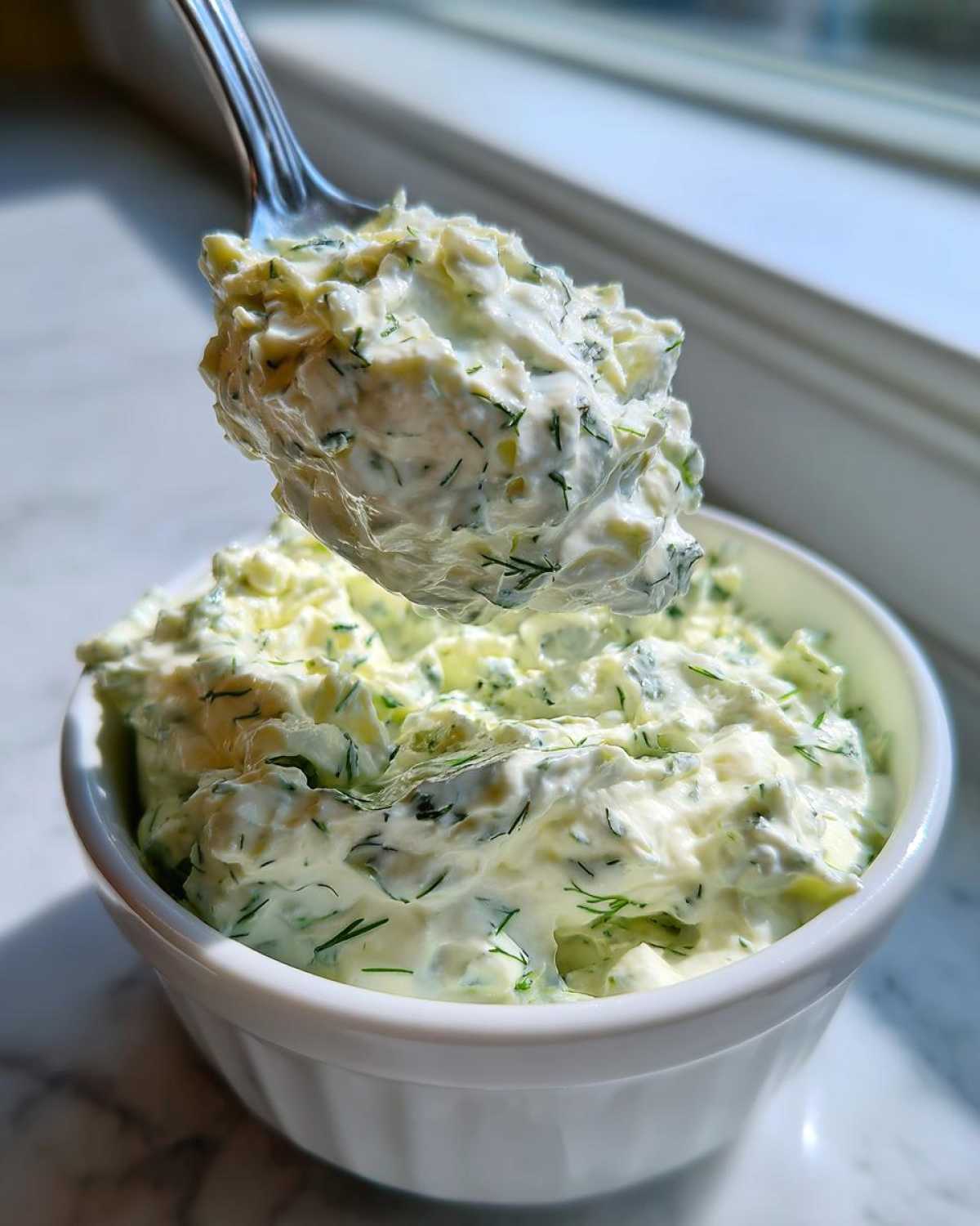 A spoonful of thick, creamy dill dip loaded with fresh green dill being lifted from a white bowl.